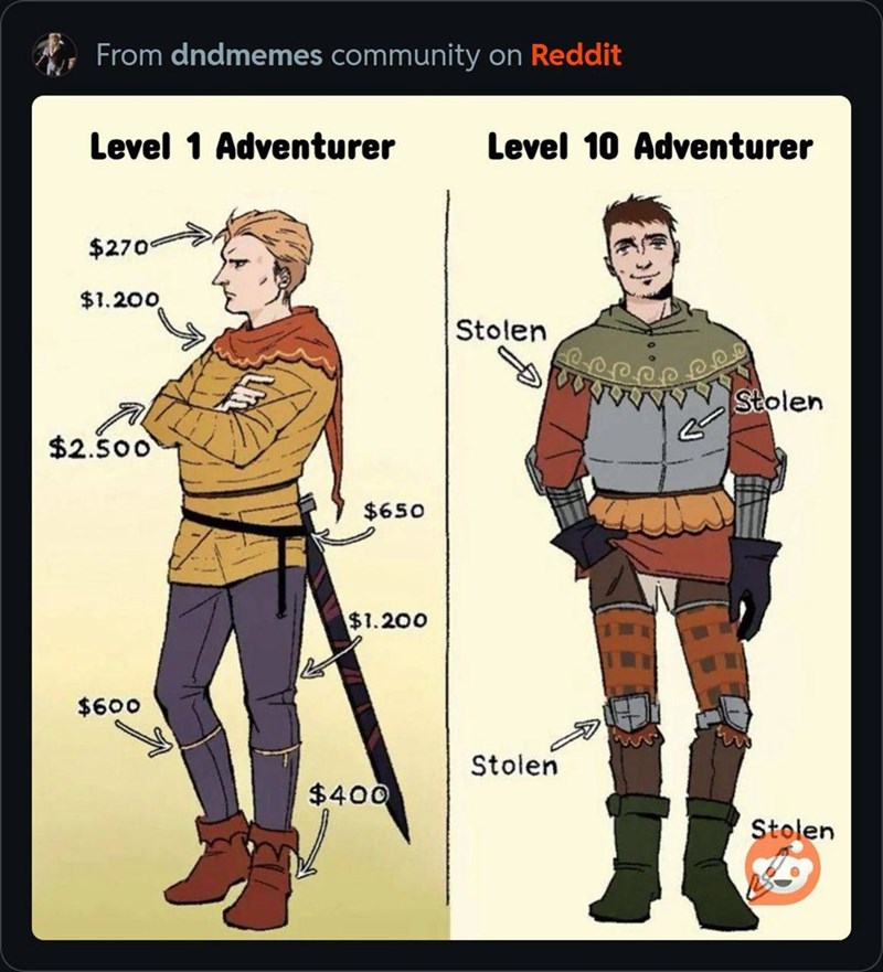 From dndmemes community on Reddit Level 1 Adventurer Level 10 Adventurer $270° $1.200 $2.500 $600 $650 $1.200 $400 Stolen Stolen 20 Stolen Stolen