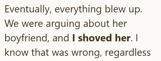 Eventually, everything blew up. We were arguing about her boyfriend, and I shoved her. I know that was wrong, regardless