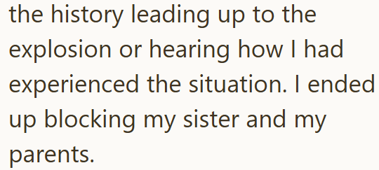 the history leading up to the explosion or hearing how I had experienced the situation. I ended up blocking my sister and my parents.