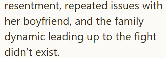 resentment, repeated issues with her boyfriend, and the family dynamic leading up to the fight didn't exist.