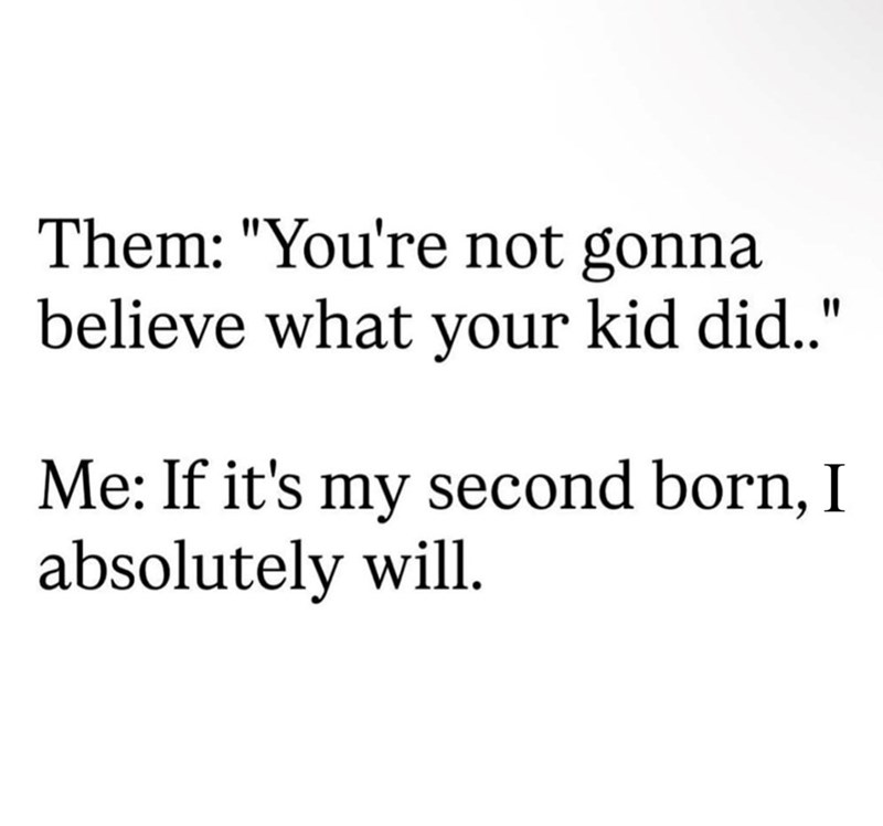 Them: "You're not gonna believe what your kid did.." Me: If it's my second born, I absolutely will.