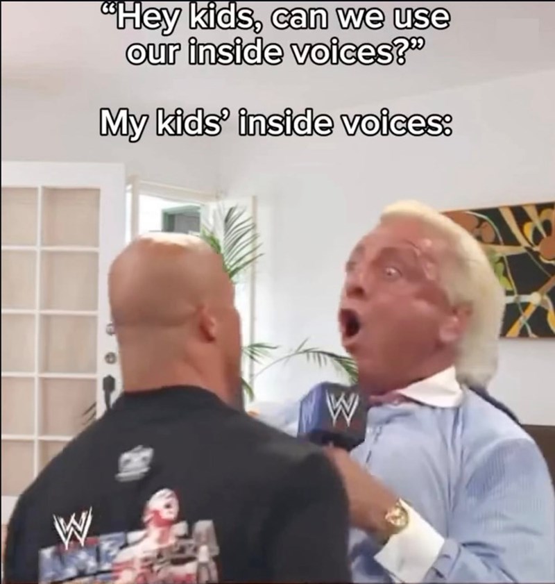 W "Hey kids, can we use our inside voices?" My kids' inside voices: W