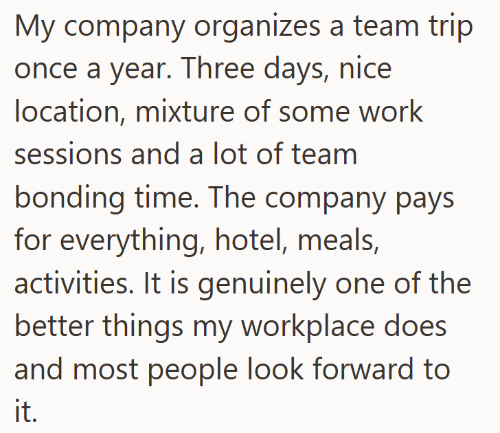 My company organizes a team trip once a year. Three days, nice location, mixture of some work sessions and a lot of team bonding time. The company pays for everything, hotel, meals, activities. It is genuinely one of the better things my workplace does and most people look forward to it.