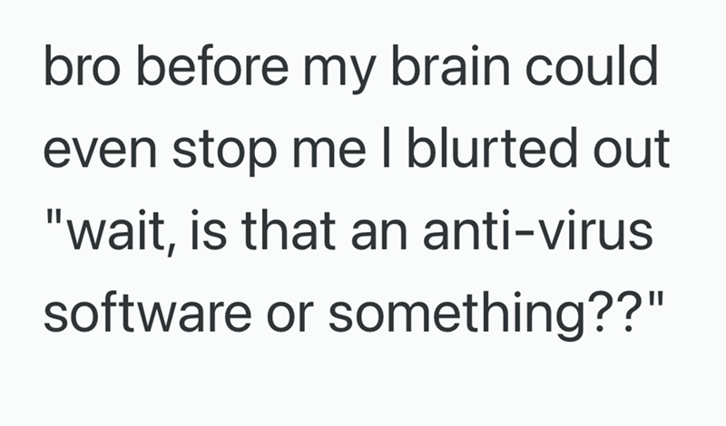 bro before my brain could even stop me I blurted out "wait, is that an anti-virus software or something??"
