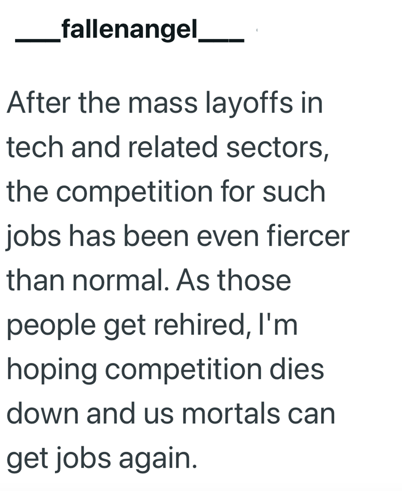 _fallenangel _ After the mass layoffs in tech and related sectors, the competition for such jobs has been even fiercer than normal. As those people get rehired, I'm hoping competition dies down and us mortals can get jobs again.