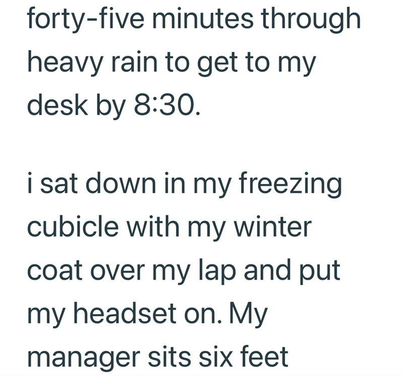 forty-five minutes through heavy rain to get to my desk by 8:30. i sat down in my freezing cubicle with my winter coat over my lap and put my headset on. My manager sits six feet