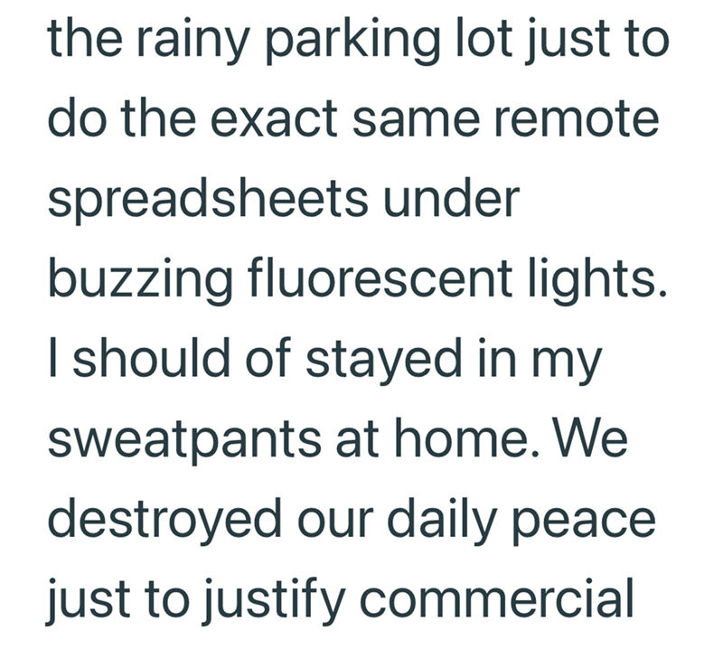 the rainy parking lot just to do the exact same remote spreadsheets under buzzing fluorescent lights. I should of stayed in my sweatpants at home. We destroyed our daily peace just to justify commercial