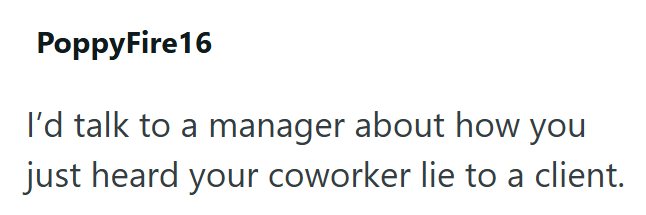 PoppyFire 16 I'd talk to a manager about how you just heard your coworker lie to a client.