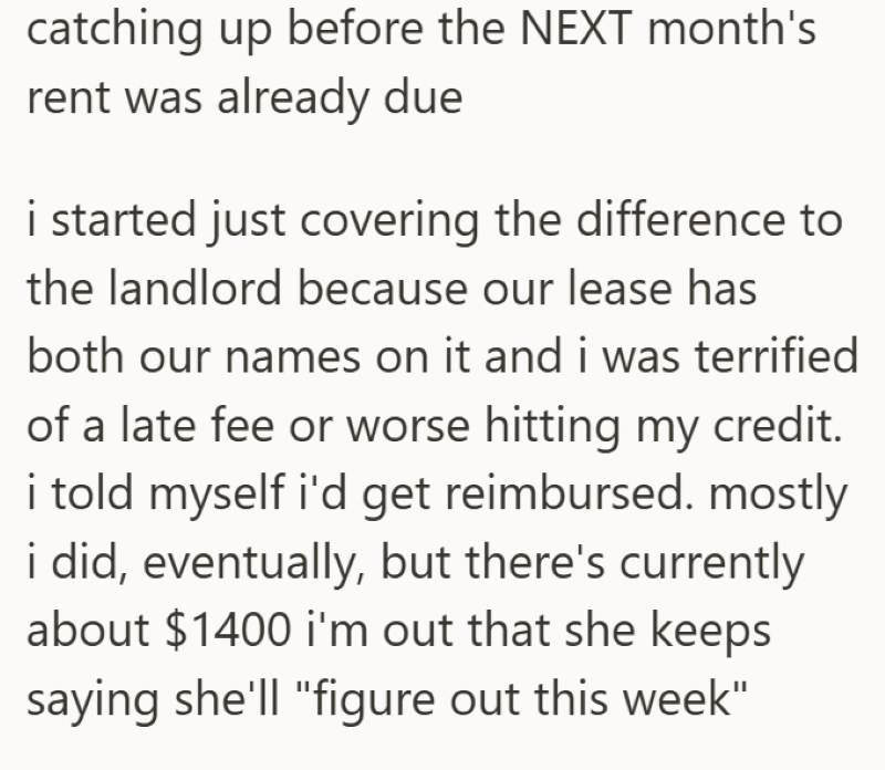catching up before the NEXT month's rent was already due i started just covering the difference to the landlord because our lease has both our names on it and i was terrified of a late fee or worse hitting my credit. i told myself i'd get reimbursed. mostly i did, eventually, but there's currently about $1400 i'm out that she keeps saying she'll "figure out this week"