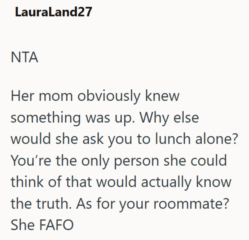 LauraLand27 NTA Her mom obviously knew something was up. Why else would she ask you to lunch alone? You're the only person she could think of that would actually know the truth. As for your roommate? She FAFO