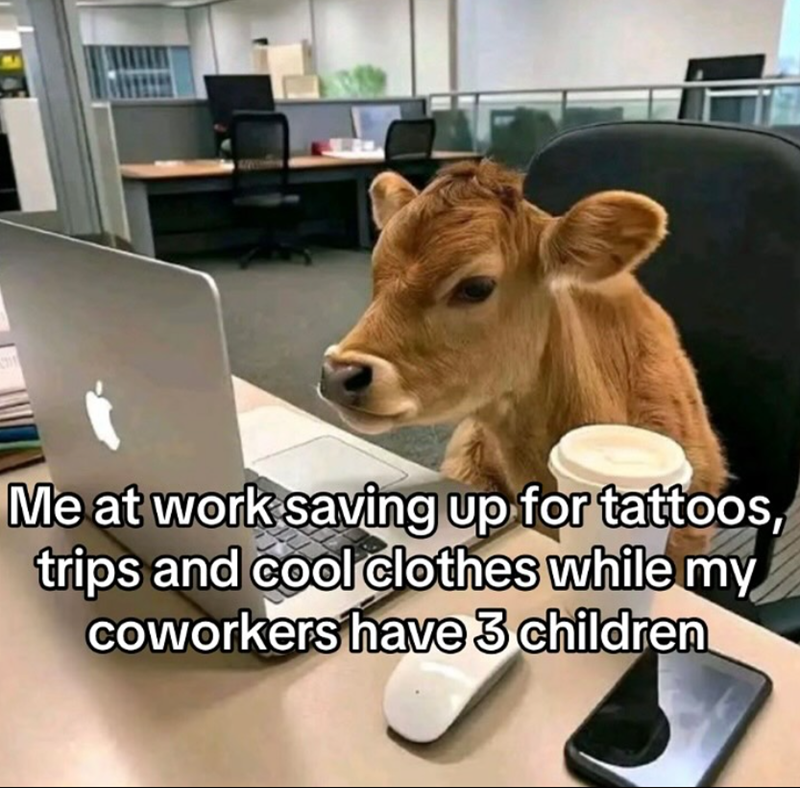 Me at work saving up for tattoos, trips and cool clothes while my coworkers have 3 children