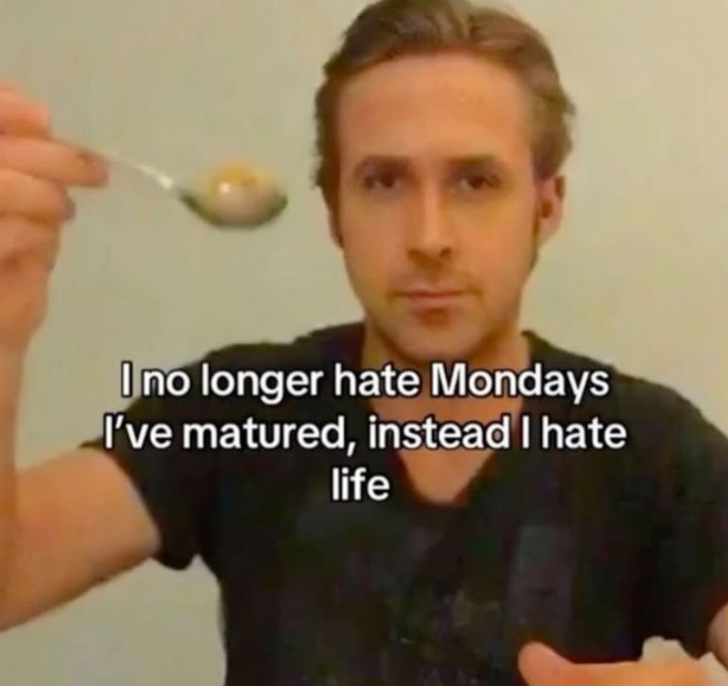I no longer hate Mondays I've matured, instead I hate life