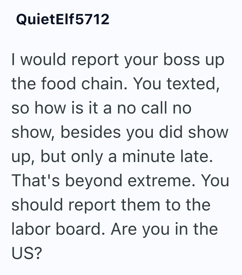 QuietElf5712 I would report your boss up the food chain. You texted, so how is it a no call no show, besides you did show up, but only a minute late. That's beyond extreme. You should report them to the labor board. Are you in the US?