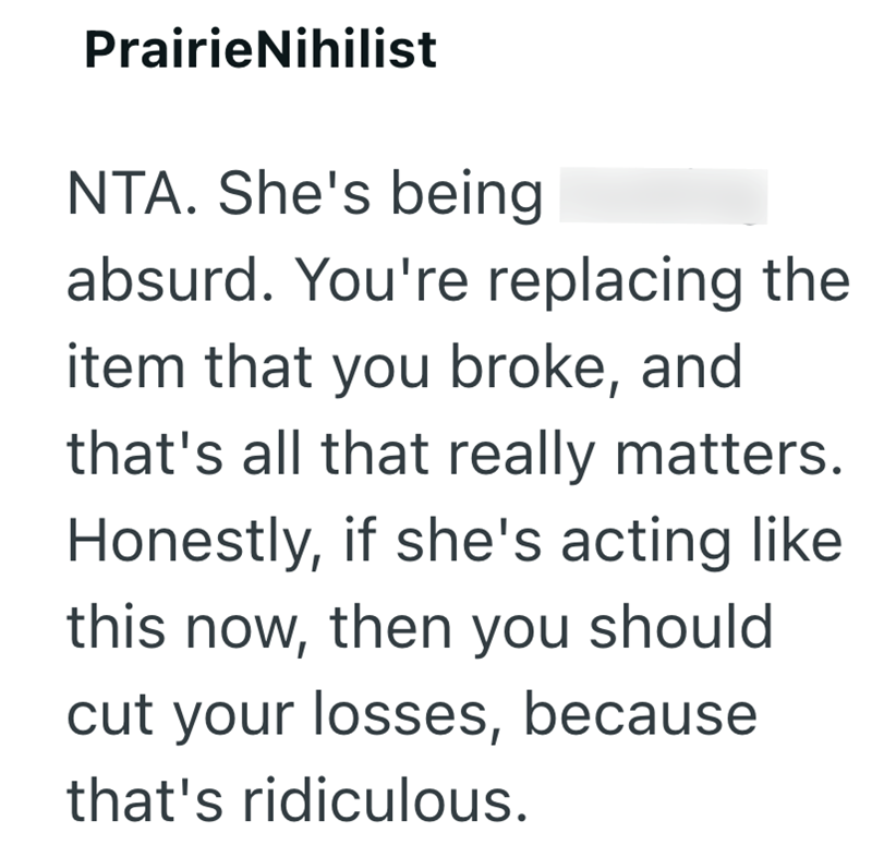 PrairieNihilist NTA. She's being absurd. You're replacing the item that you broke, and that's all that really matters. Honestly, if she's acting like this now, then you should cut your losses, because that's ridiculous.