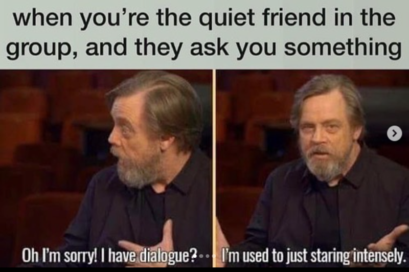 when you're the quiet friend in the group, and they ask you something Oh I'm sorry! I have dialogue? I'm used to just staring intensely.