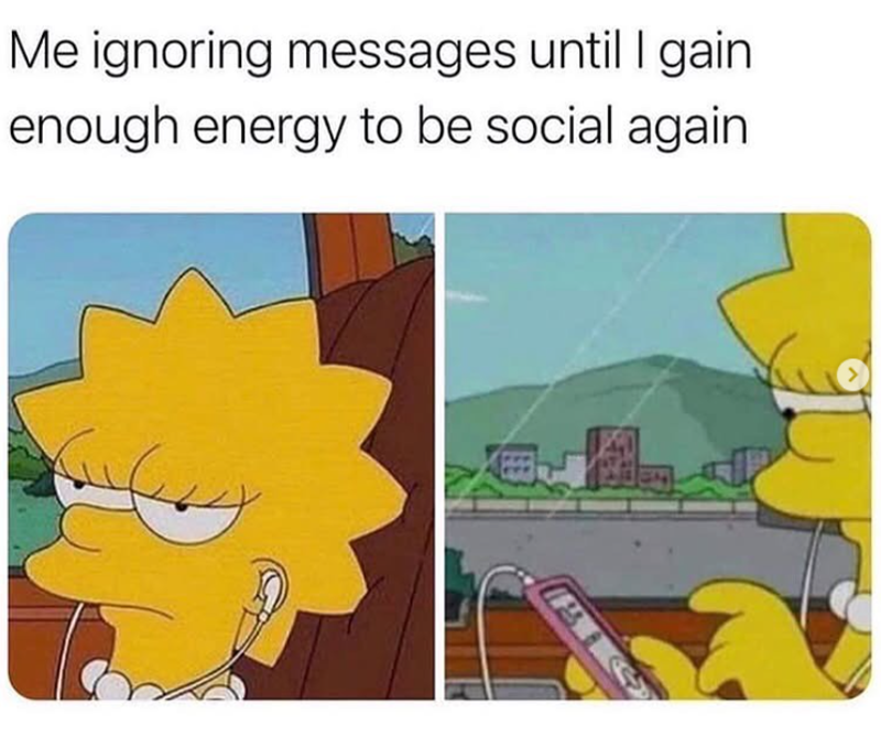 Me ignoring messages until I gain enough energy to be social again