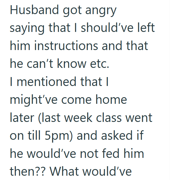 Husband got angry saying that I should've left him instructions and that he can't know etc. I mentioned that I might've come home later (last week class went on till 5pm) and asked if he would've not fed him then?? What would've