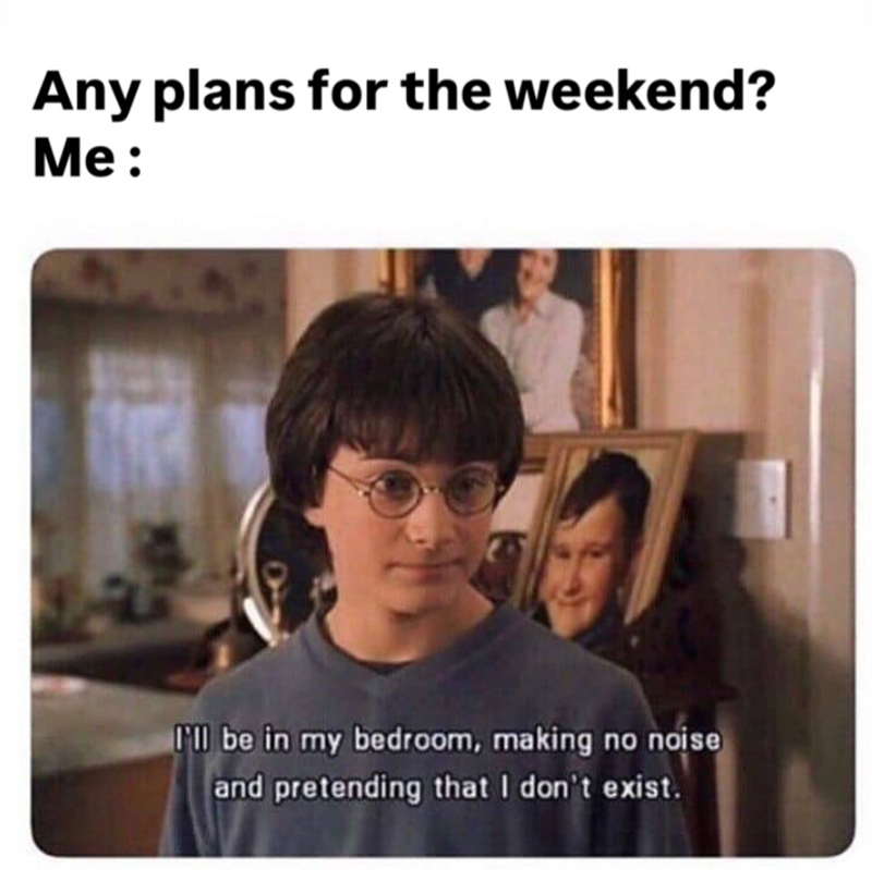 Any plans for the weekend? Me: I'll be in my bedroom, making no noise and pretending that I don't exist.
