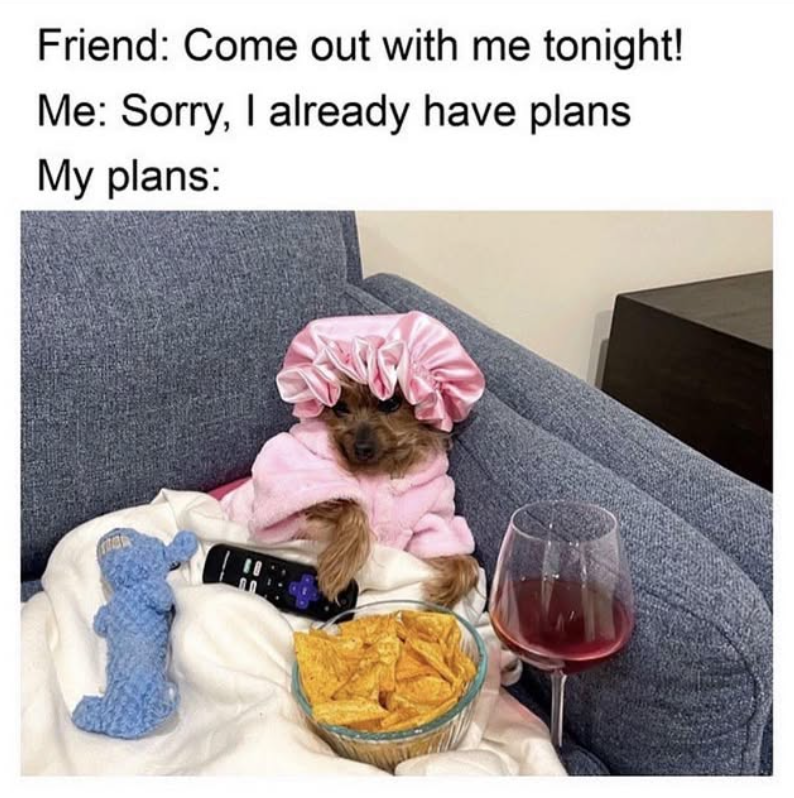 Friend: Come out with me tonight! Me: Sorry, I already have plans My plans: