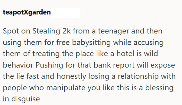 teapotXgarden Spot on Stealing 2k from a teenager and then using them for free babysitting while accusing them of treating the place like a hotel is wild behavior Pushing for that bank report will expose the lie fast and honestly losing a relationship with people who manipulate you like this is a blessing in disguise