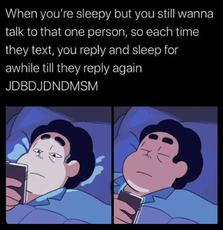 When you're sleepy but you still wanna talk to that one person, so each time they text, you reply and sleep for awhile till they reply again JDBDJDNDMSM