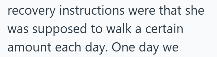 recovery instructions were that she was supposed to walk a certain amount each day. One day we