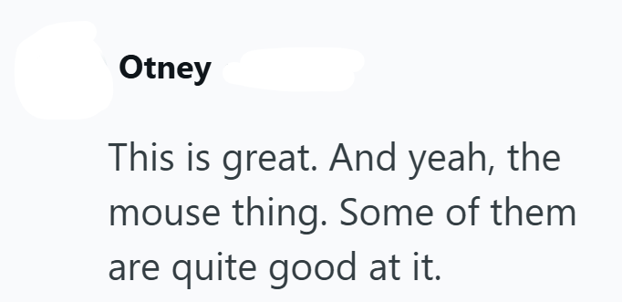 Otney This is great. And yeah, the mouse thing. Some of them are quite good at it.