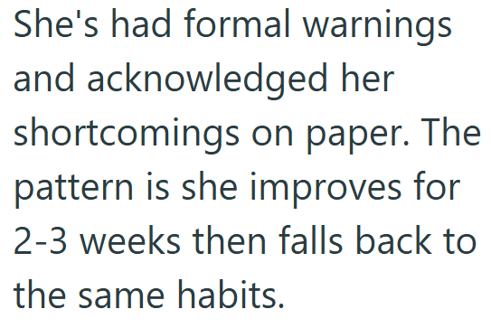She's had formal warnings and acknowledged her shortcomings on paper. The pattern is she improves for 2-3 weeks then falls back to the same habits.