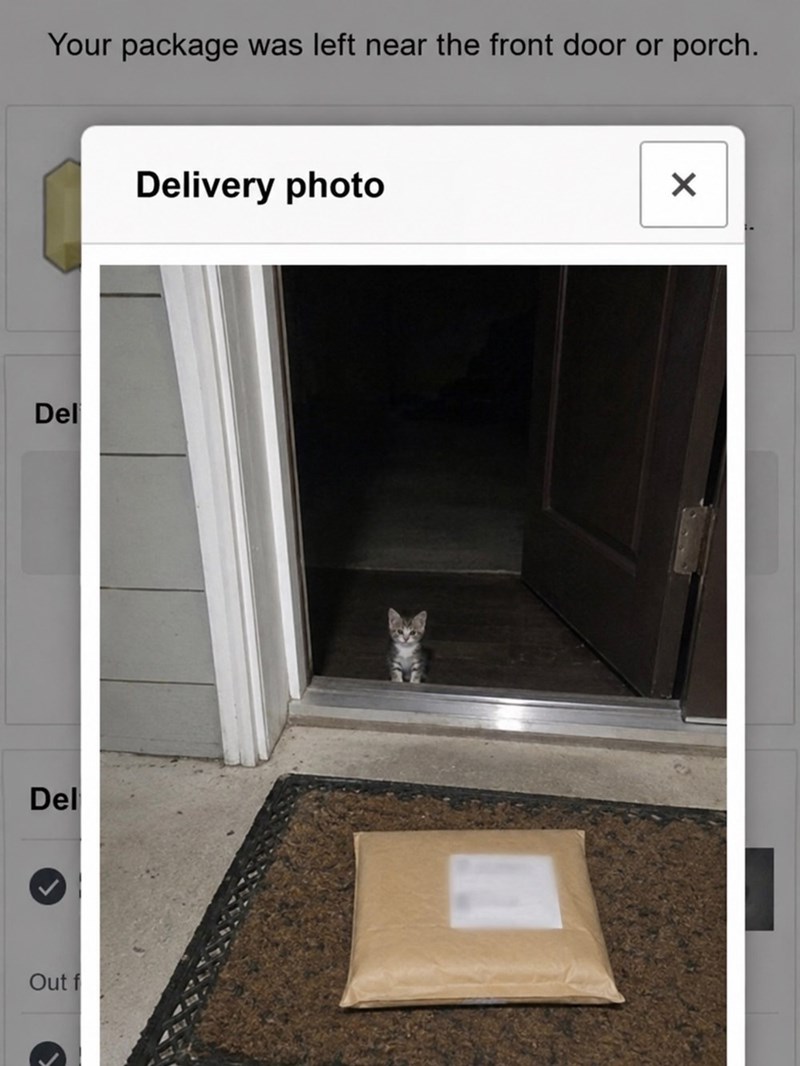 Del Out f Del Your package was left near the front door or porch. Delivery photo ✓