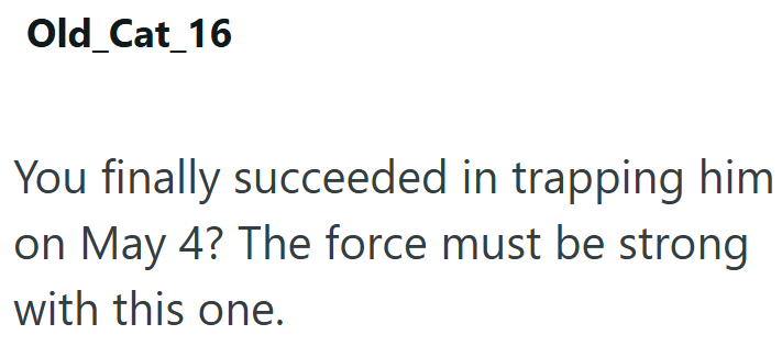 Old_Cat_16 You finally succeeded in trapping him on May 4? The force must be strong with this one.