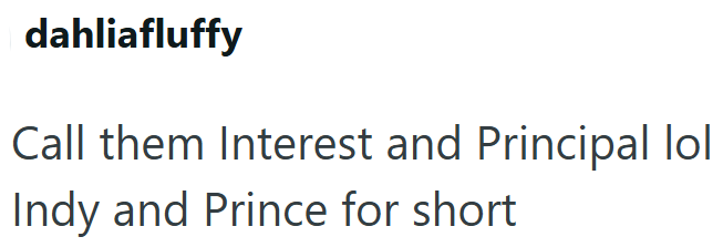 dahliafluffy Call them Interest and Principal lol Indy and Prince for short
