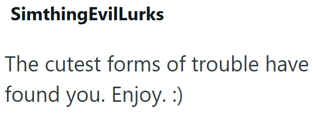 SimthingEvilLurks The cutest forms of trouble have found you. Enjoy. :)