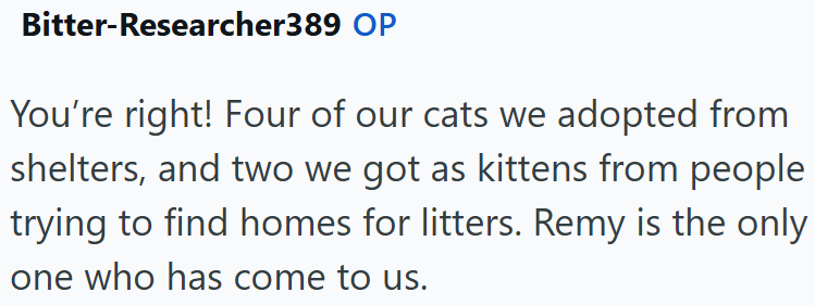 Bitter-Researcher389 OP You're right! Four of our cats we adopted from shelters, and two we got as kittens from people trying to find homes for litters. Remy is the only one who has come to us.