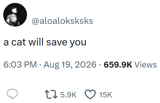 @aloaloksksks a cat will save you 6:03 PM • Aug 19, 2026 · 659.9K Views 15.9K 15K