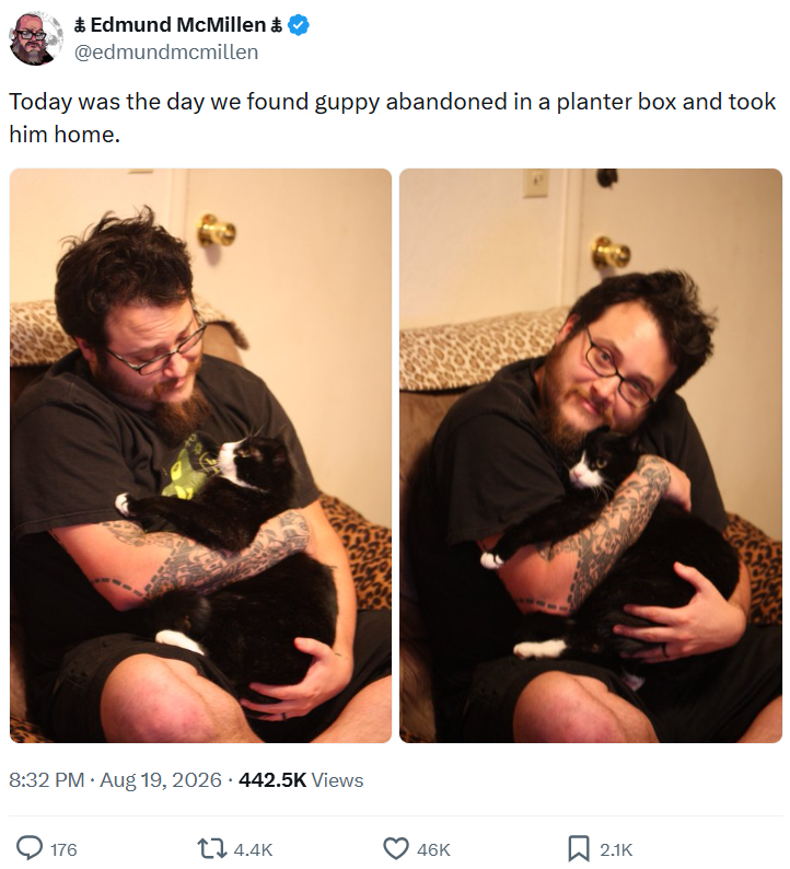 * Edmund McMillen & @edmundmcmillen Today was the day we found guppy abandoned in a planter box and took him home. 8:32 PM. Aug 19, 2026 442.5K Views 176 14.4K 46K 2.1K