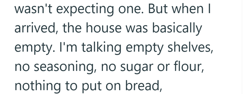 wasn't expecting one. But when I arrived, the house was basically empty. I'm talking empty shelves, no seasoning, no sugar or flour, nothing to put on bread,