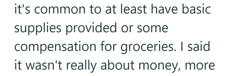 it's common to at least have basic supplies provided or some compensation for groceries. I said it wasn't really about money, more