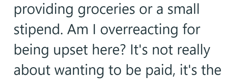 providing groceries or a small stipend. Am I overreacting for being upset here? It's not really about wanting to be paid, it's the