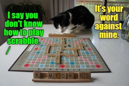 I say you don't know how to play Scrabble. It's your word against mine. S SCRAB BLE K. MEOW. DQ