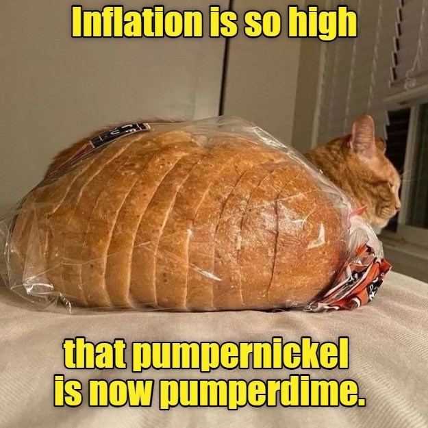 Inflation is so high that pumpernickel is now pumperdime.