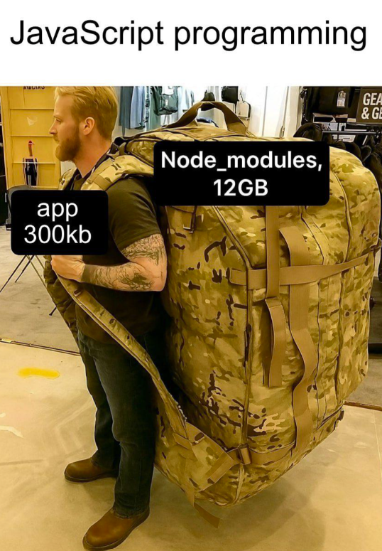 JavaScript programming AWDUIRG app 300kb Node_modules, 12GB GEA & GE