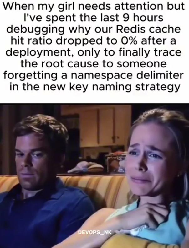 When my girl needs attention but I've spent the last 9 hours debugging why our Redis cache hit ratio dropped to 0% after a deployment, only to finally trace the root cause to someone forgetting a namespace delimiter in the new key naming strategy DEVOPS NK