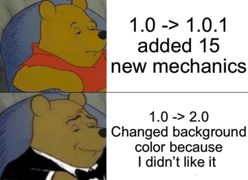 1.0 -> 1.0.1 added 15 new mechanics 1.0 -> 2.0 Changed background color because I didn't like it