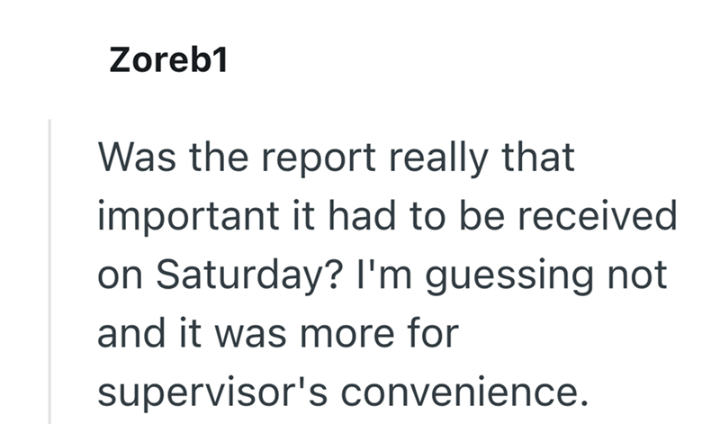 Zoreb1 Was the report really that important it had to be received on Saturday? I'm guessing not and it was more for supervisor's convenience.