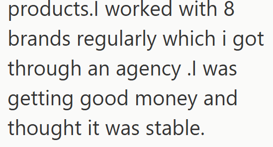 products.I worked with 8 brands regularly which i got through an agency .I was getting good money and thought it was stable.