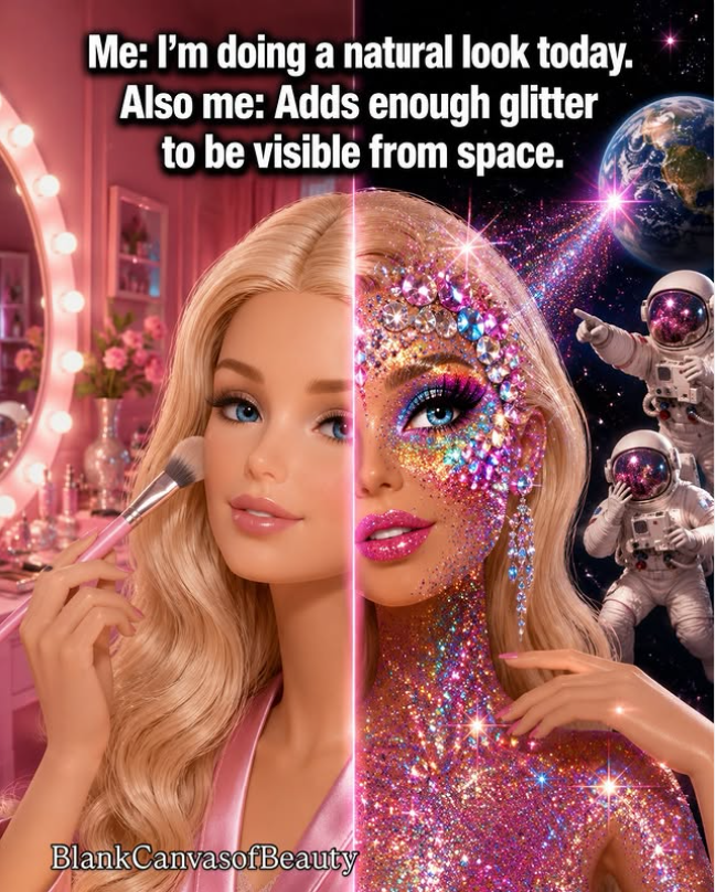 Me: I'm doing a natural look today. Also me: Adds enough glitter to be visible from space. Blank Canvasof Beauty