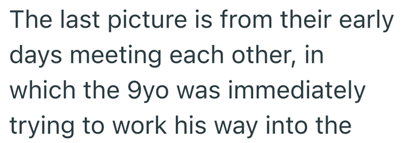 The last picture is from their early days meeting each other, in which the 9yo was immediately trying to work his way into the