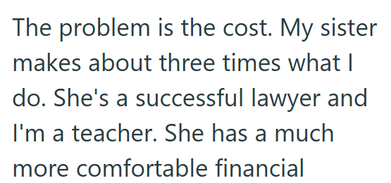 The problem is the cost. My sister makes about three times what I do. She's a successful lawyer and I'm a teacher. She has a much more comfortable financial