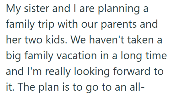 My sister and I are planning a family trip with our parents and her two kids. We haven't taken a big family vacation in a long time and I'm really looking forward to it. The plan is to go to an all-