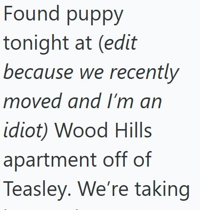 Found puppy tonight at (edit because we recently moved and I'm an idiot) Wood Hills apartment off of Teasley. We're taking